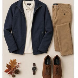 The Smart Casual Look – Navy Jacket Polo Chinos & Shoes